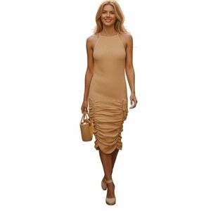 FP One Free People Apricot Orange 100% Cotton Waffle Knit Halter Ruched Dress S